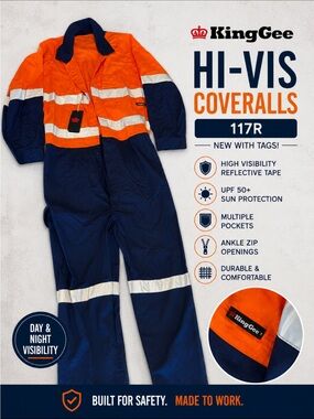 KingGee Hi-Vis Reflective Work Coveralls Orange Navy NWT Size 117R